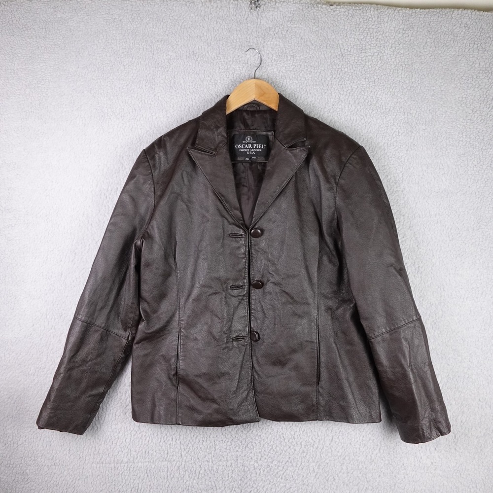 Oscar Piel Brown Genuine Leather Blazer Jacket‎ Womens 2XL 3 Button Classic Coat